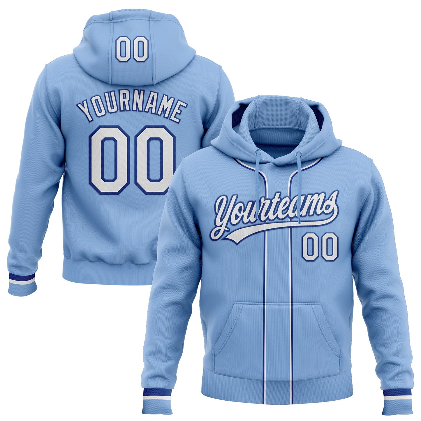 Custom Stitched Light Blue White-Royal Baseball Pullover Sweatshirt Hoodie - Main View