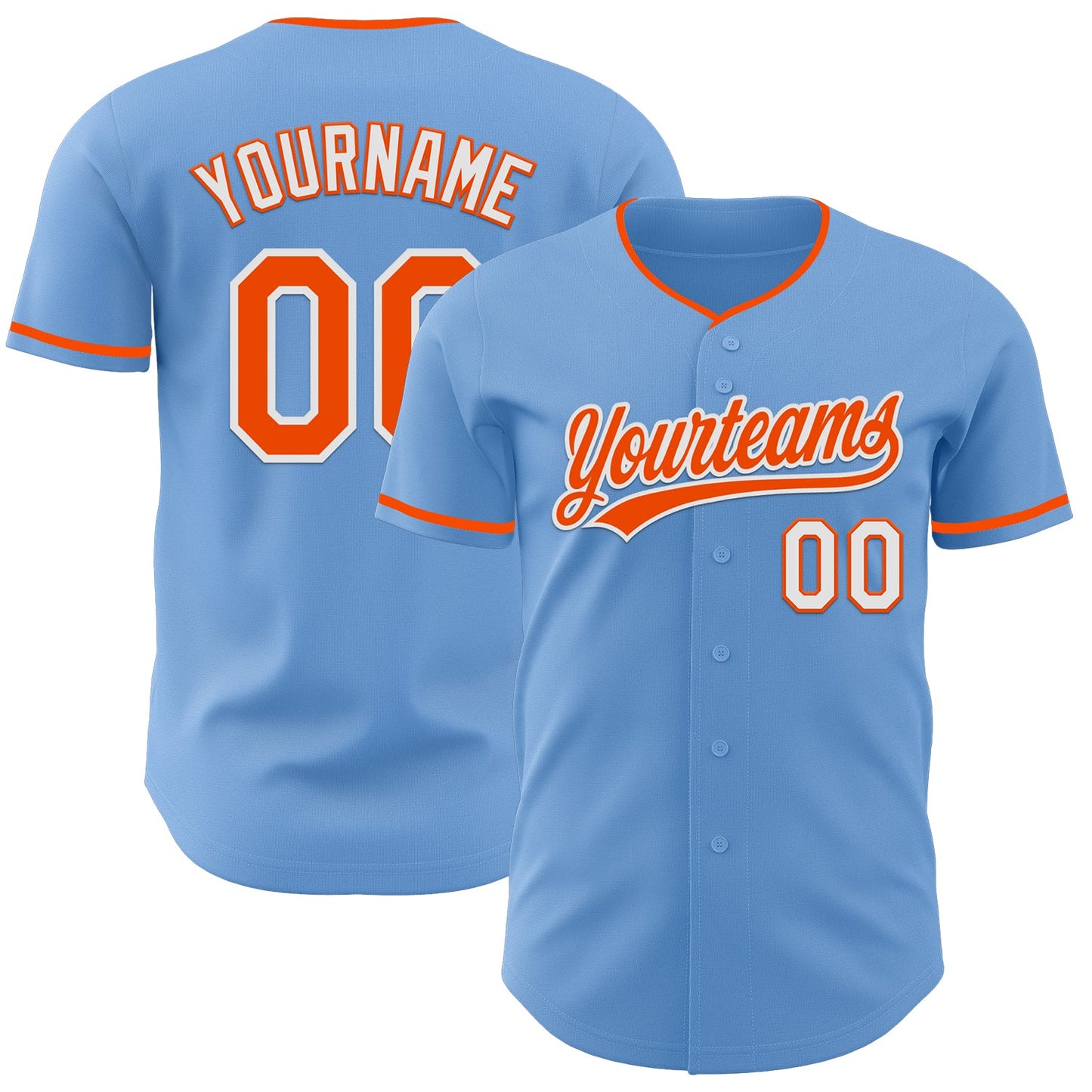 Custom Light Blue Orange-White Authentic Baseball Jersey - Main View