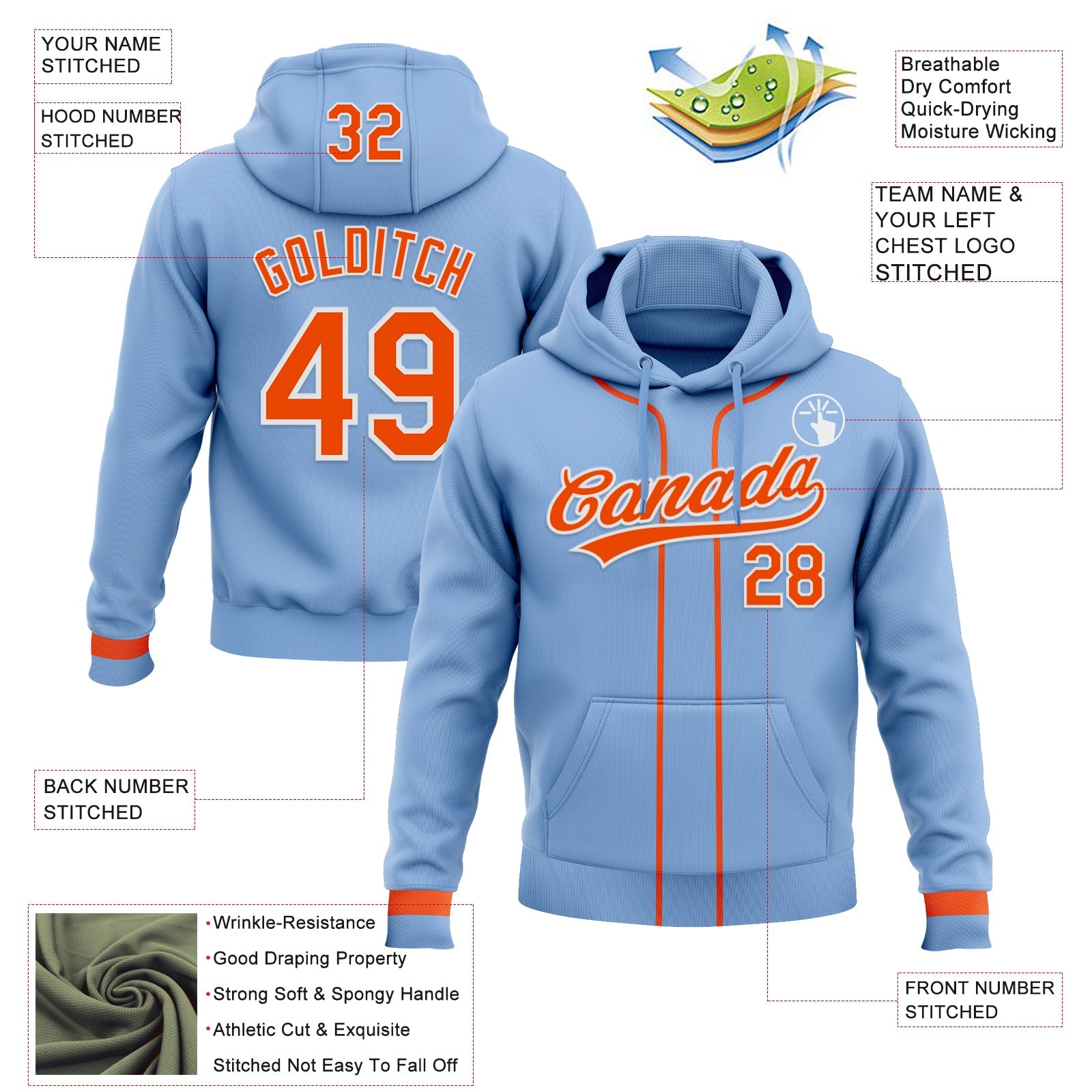 Custom Stitched Light Blue Orange-White Baseball Pullover Sweatshirt Hoodie view 2