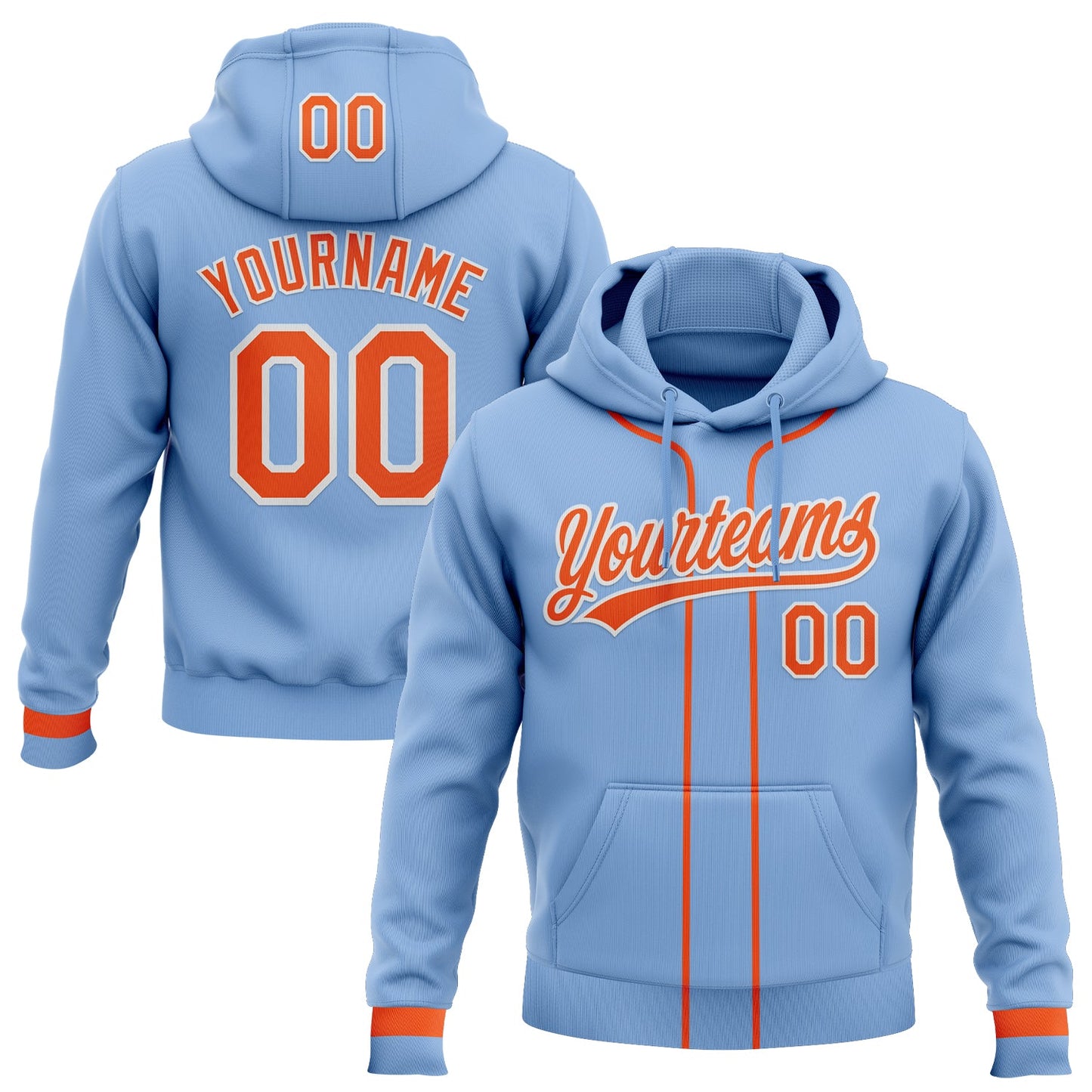 Custom Stitched Light Blue Orange-White Baseball Pullover Sweatshirt Hoodie - Main View
