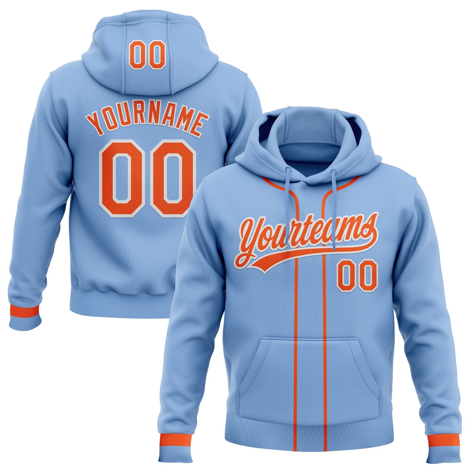 Custom Stitched Light Blue Orange-White Baseball Pullover Sweatshirt Hoodie - Main View