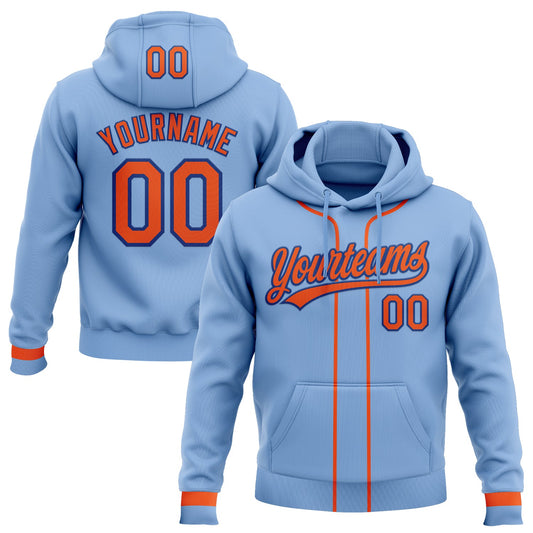 Custom Stitched Light Blue Orange-Royal Baseball Pullover Sweatshirt Hoodie - Main View