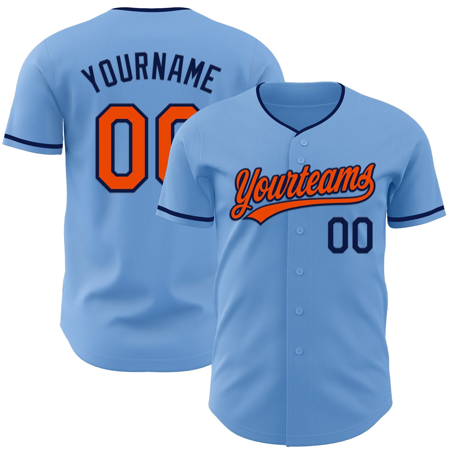 Custom Light Blue Orange-Navy Authentic Baseball Jersey - Main View