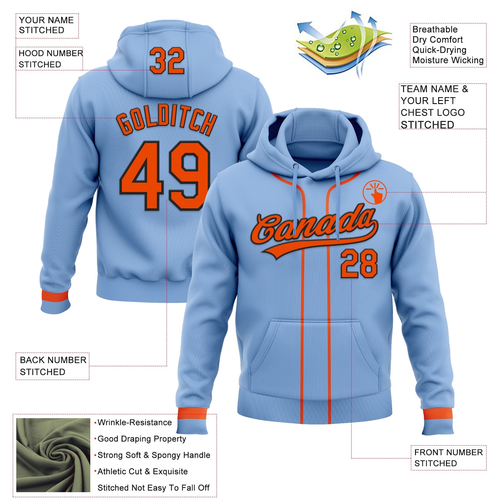 Custom Stitched Light Blue Orange-Black Baseball Pullover Sweatshirt Hoodie view 2