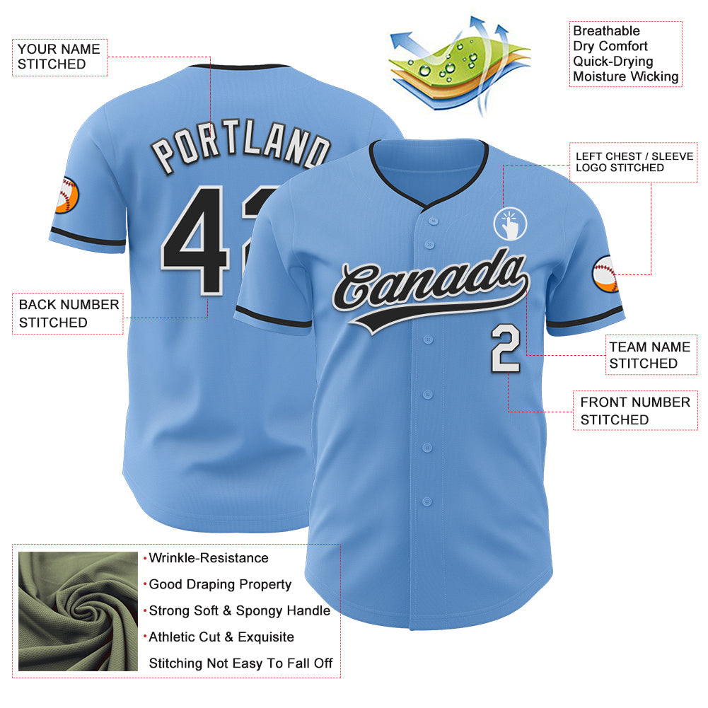 Custom Light Blue Black-White Authentic Baseball Jersey view 3