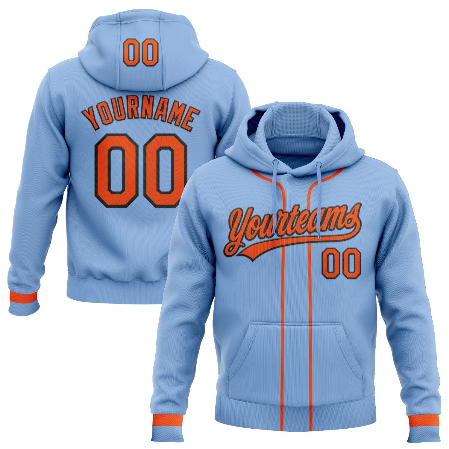 Custom Stitched Light Blue Orange-Black Baseball Pullover Sweatshirt Hoodie - Main View