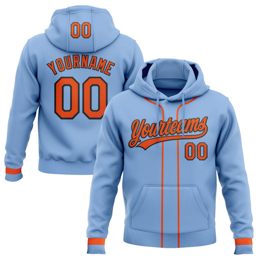 Custom Stitched Light Blue Orange-Black Baseball Pullover Sweatshirt Hoodie - Main View