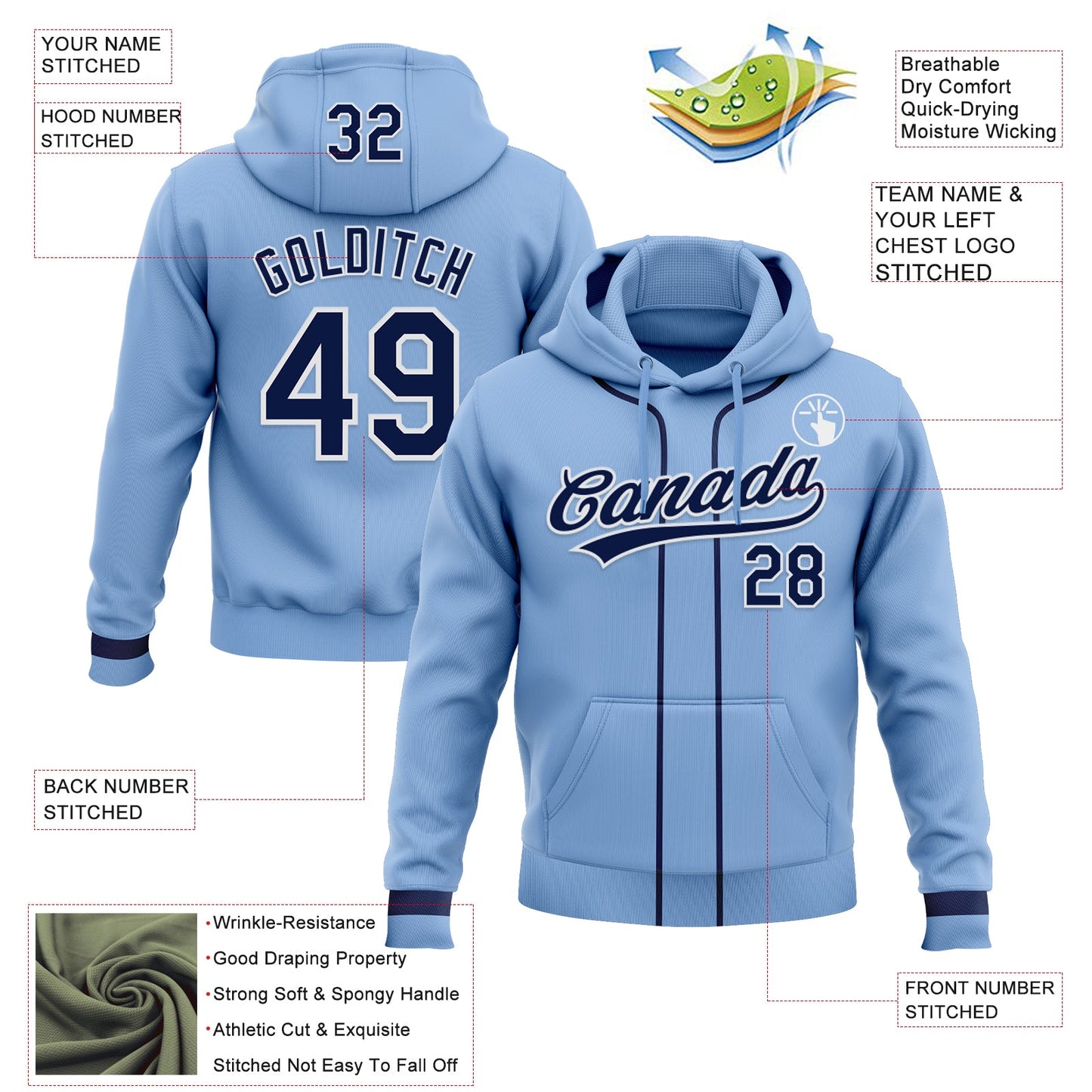 Custom Stitched Light Blue Navy-White Baseball Pullover Sweatshirt Hoodie view 2