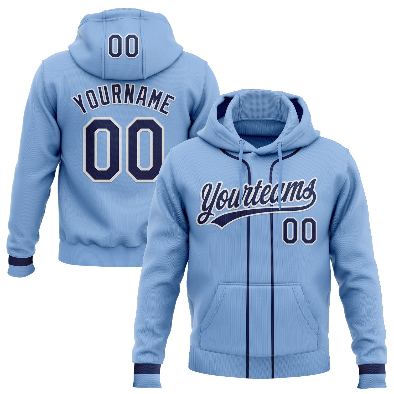 Custom Stitched Light Blue Navy-White Baseball Pullover Sweatshirt Hoodie - Main View