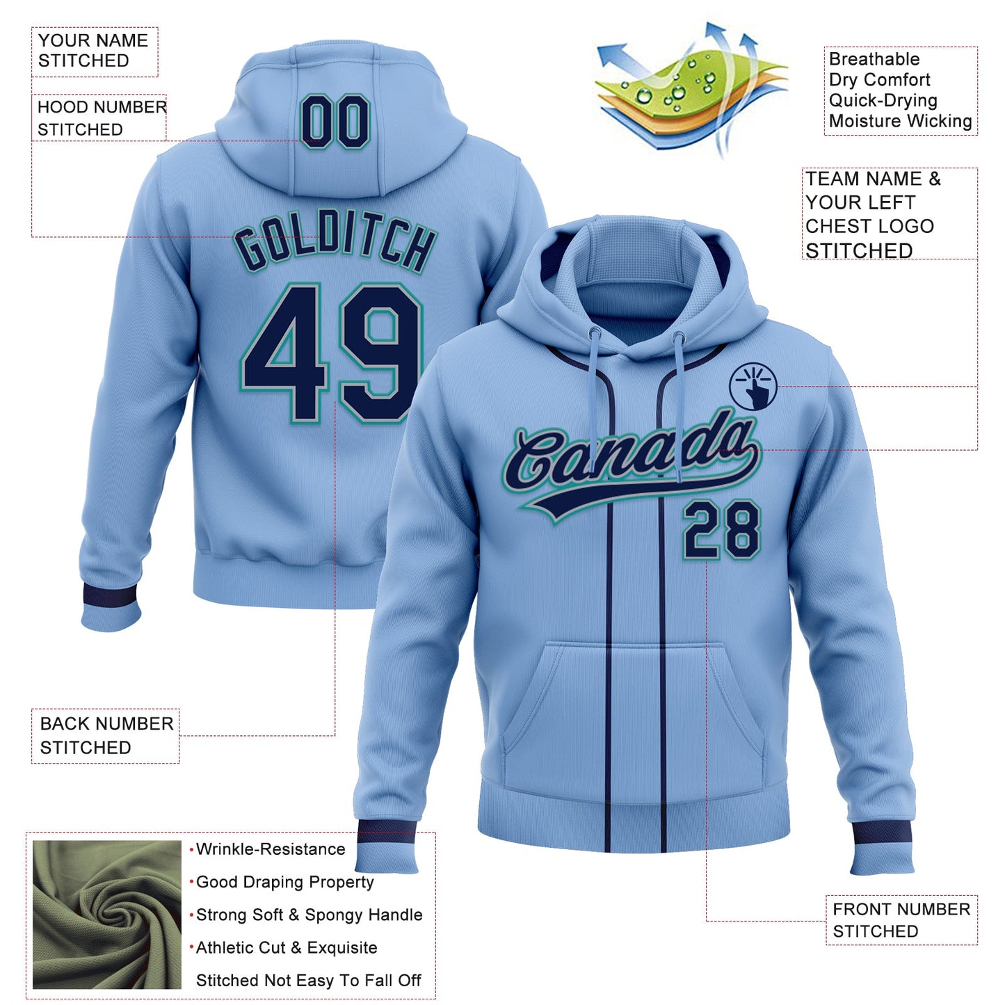 Custom Stitched Light Blue Navy Gray-Teal Baseball Pullover Sweatshirt Hoodie view 2