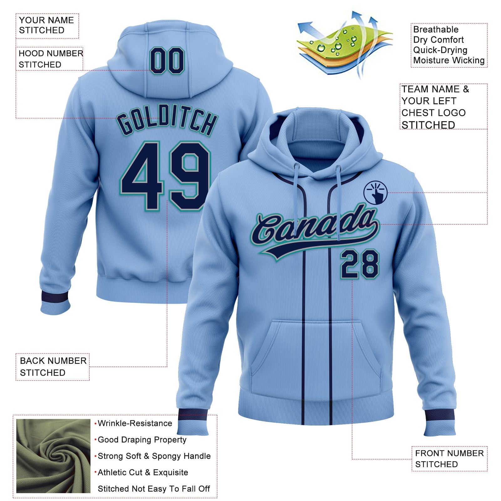 Custom Stitched Light Blue Navy Gray-Teal Baseball Pullover Sweatshirt Hoodie view 2