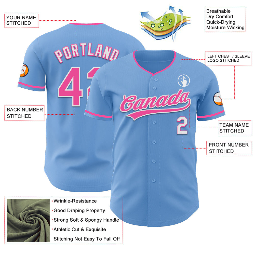 Custom Light Blue Pink-White Authentic Baseball Jersey view 3