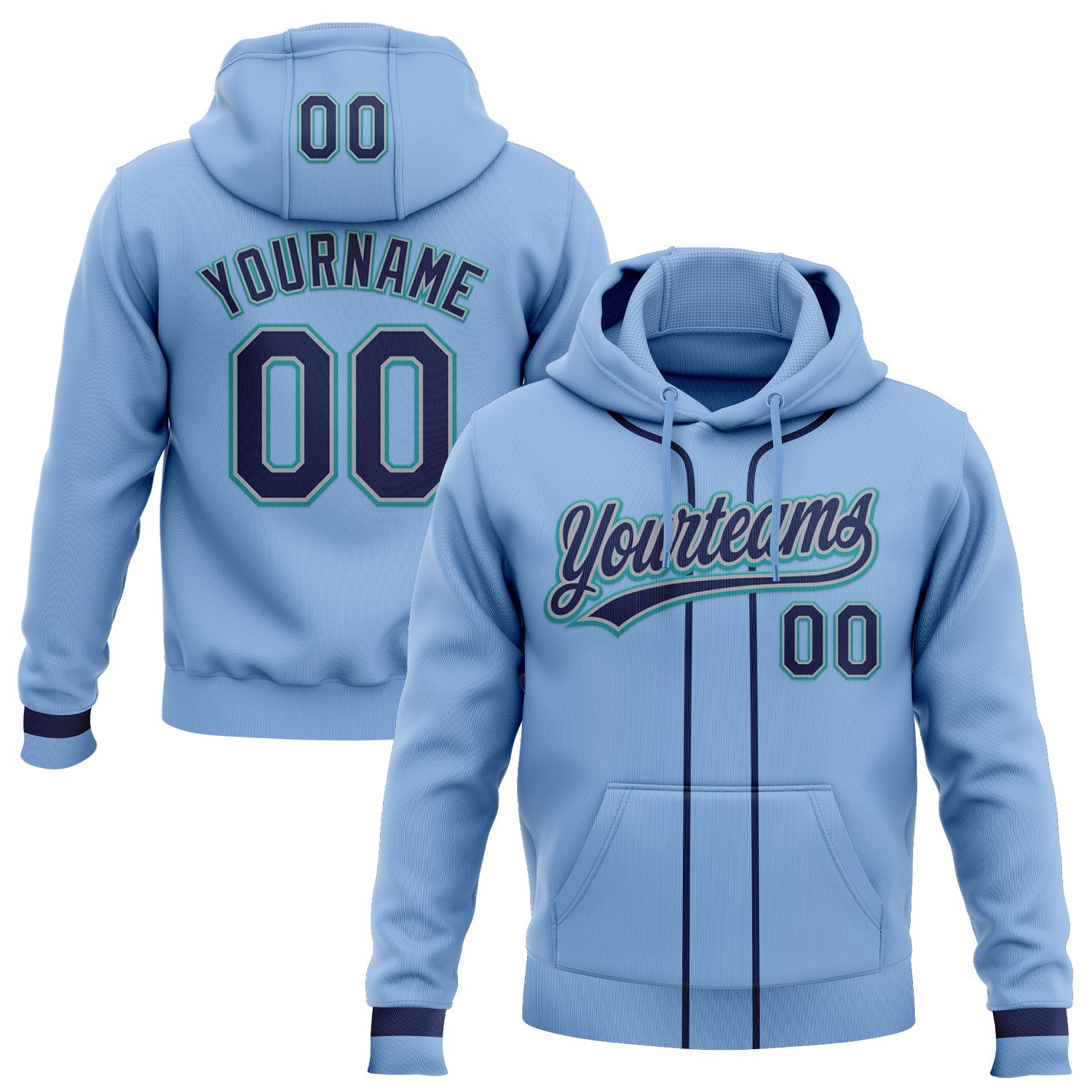 Custom Stitched Light Blue Navy Gray-Teal Baseball Pullover Sweatshirt Hoodie - Main View