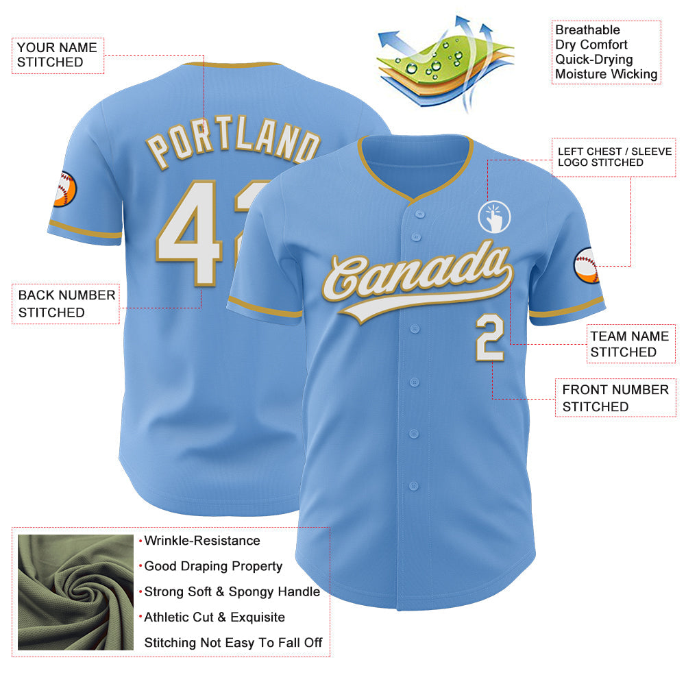 Custom Light Blue White-Old Gold Authentic Baseball Jersey view 3