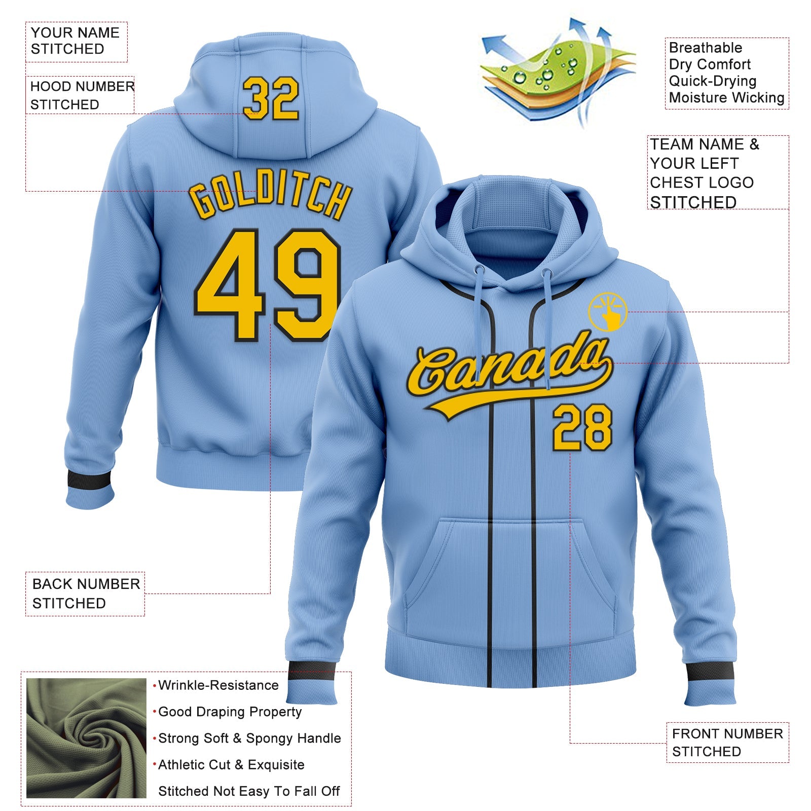 Custom Stitched Light Blue Yellow-Black Baseball Pullover Sweatshirt Hoodie view 2