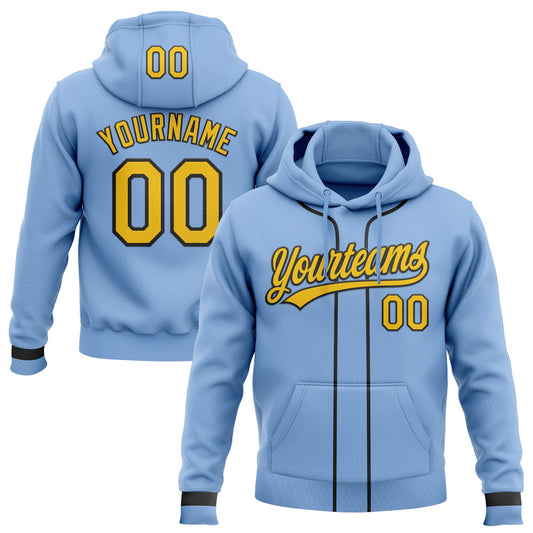 Custom Stitched Light Blue Yellow-Black Baseball Pullover Sweatshirt Hoodie - Main View