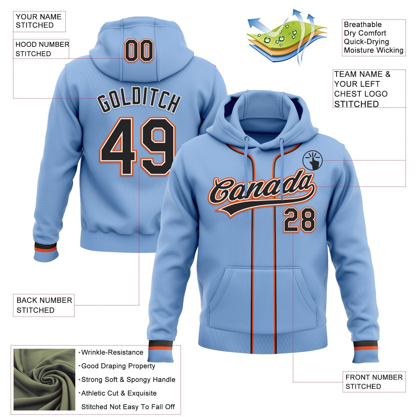 Custom Stitched Light Blue Black White-Orange Baseball Pullover Sweatshirt Hoodie view 2