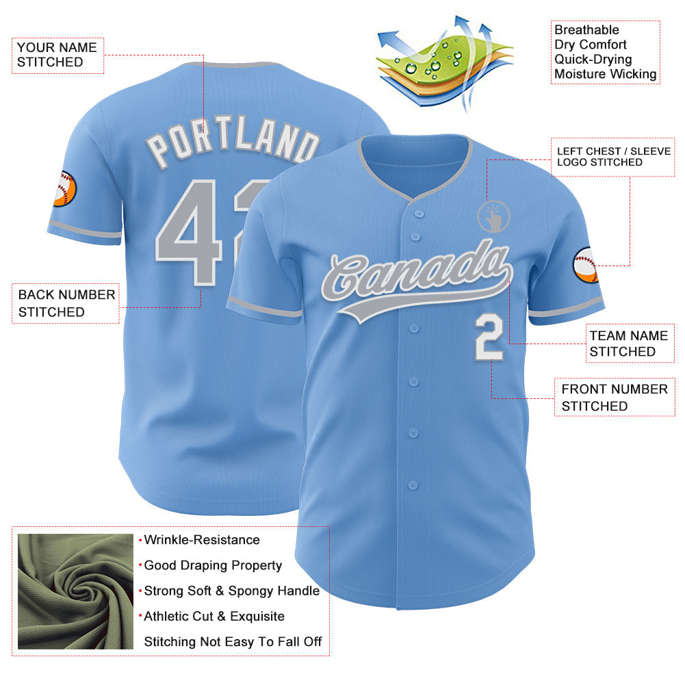 Custom Light Blue Gray-White Authentic Baseball Jersey view 3