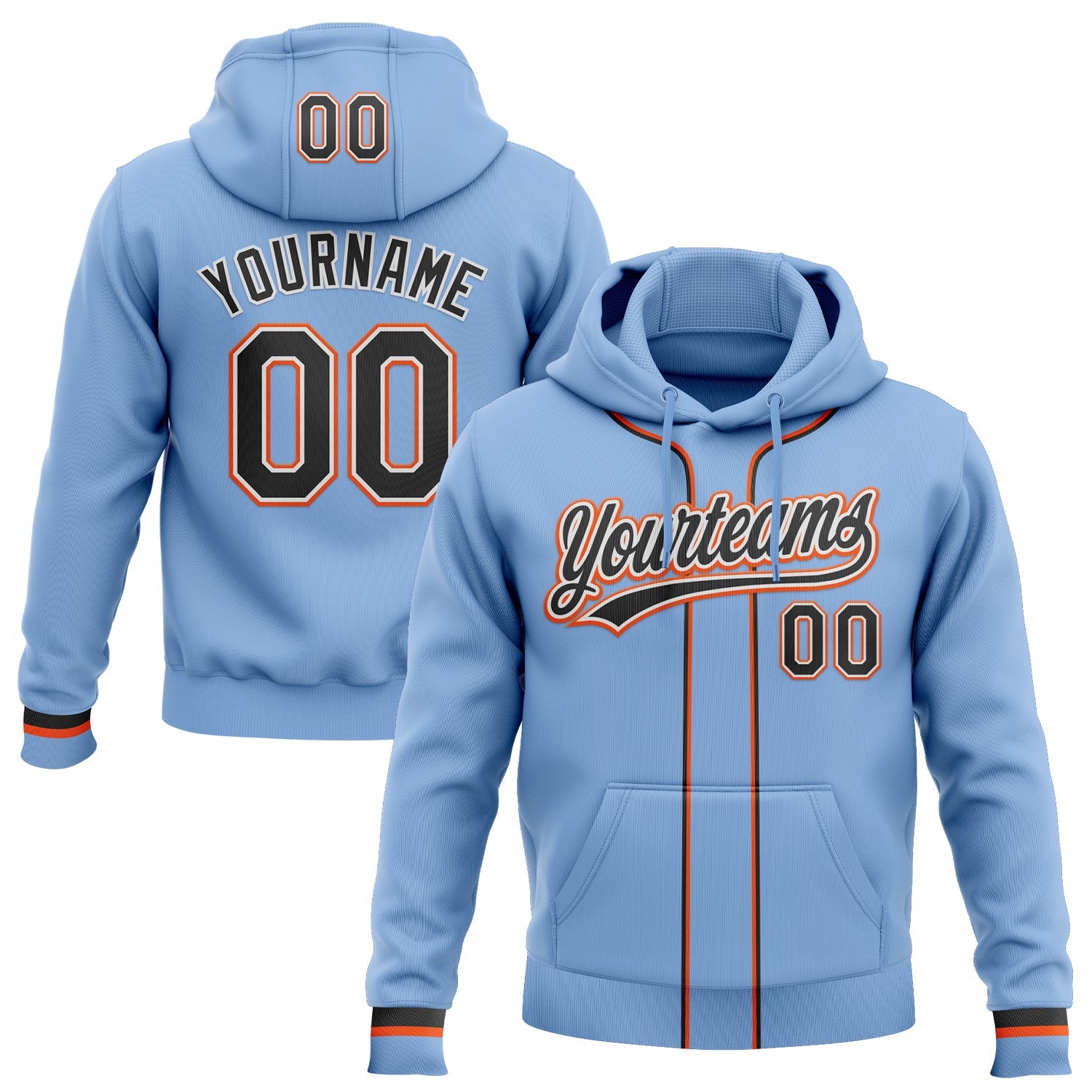 Custom Stitched Light Blue Black White-Orange Baseball Pullover Sweatshirt Hoodie - Main View