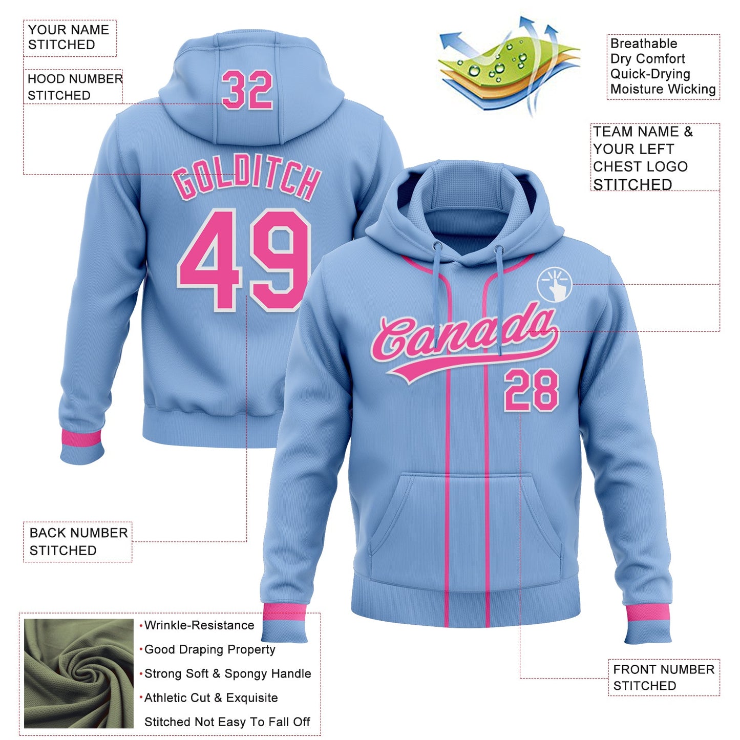 Custom Stitched Light Blue Pink-White Baseball Pullover Sweatshirt Hoodie view 2