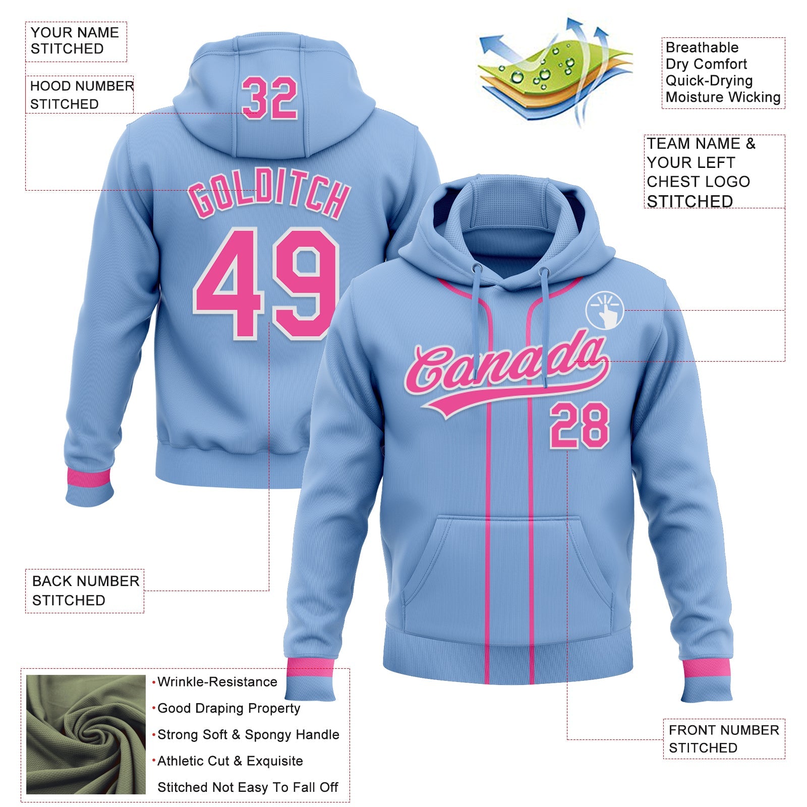 Custom Stitched Light Blue Pink-White Baseball Pullover Sweatshirt Hoodie view 2
