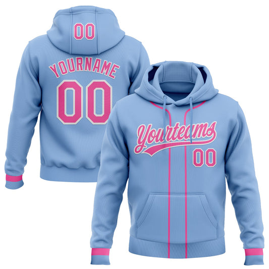 Custom Stitched Light Blue Pink-White Baseball Pullover Sweatshirt Hoodie - Main View