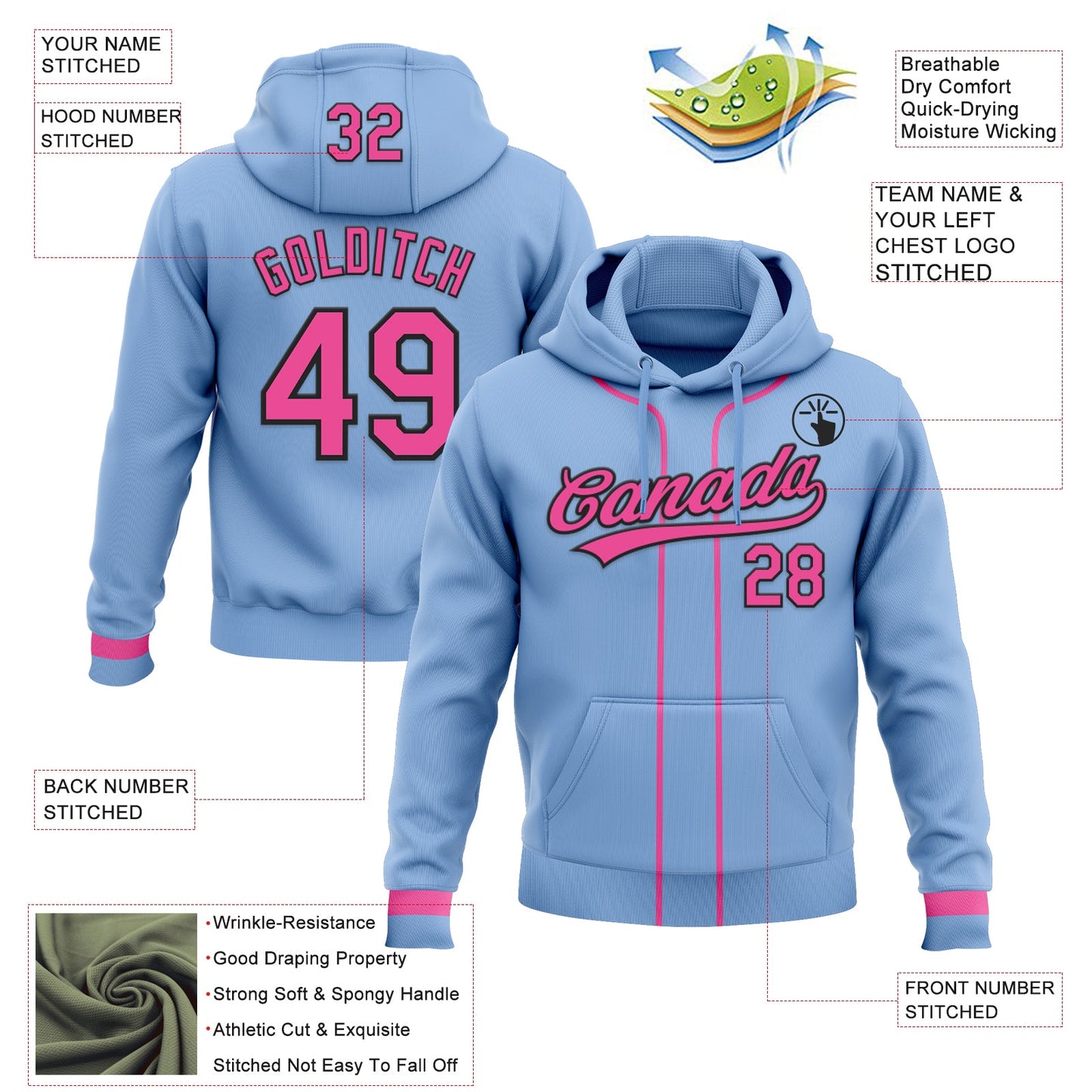 Custom Stitched Light Blue Pink-Black Baseball Pullover Sweatshirt Hoodie view 2