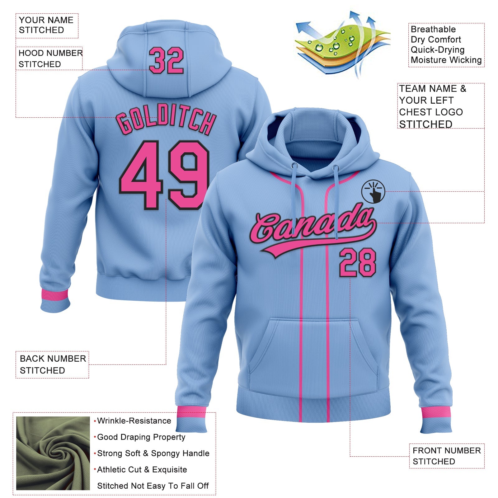 Custom Stitched Light Blue Pink-Black Baseball Pullover Sweatshirt Hoodie view 2