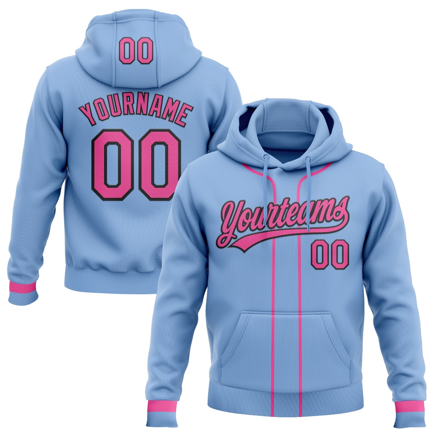 Custom Stitched Light Blue Pink-Black Baseball Pullover Sweatshirt Hoodie - Main View