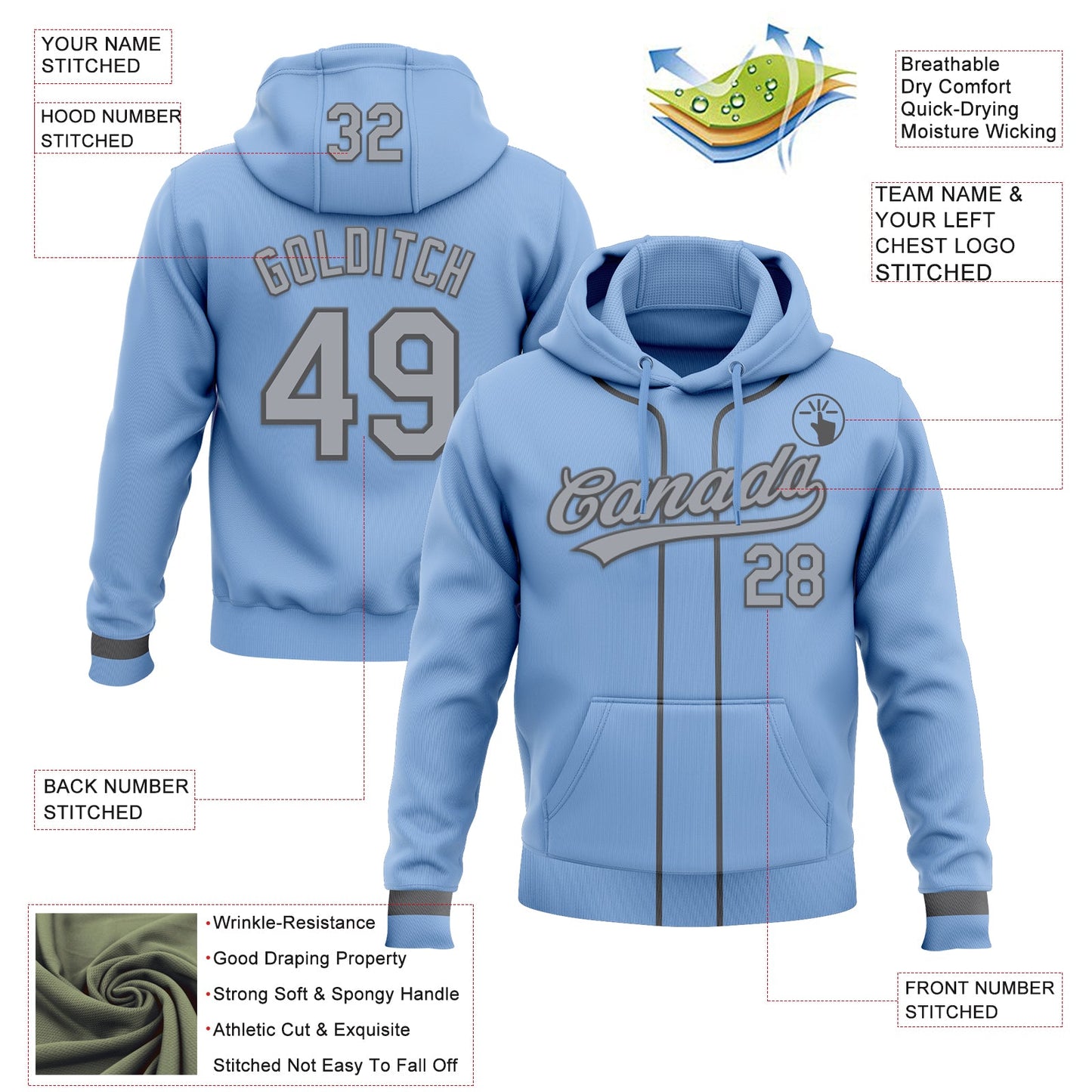 Custom Stitched Light Blue Gray-Steel Gray Baseball Pullover Sweatshirt Hoodie view 2