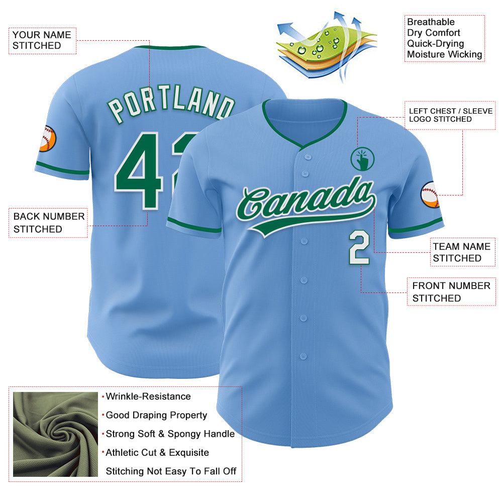 Custom Light Blue Kelly Green-White Authentic Baseball Jersey view 3
