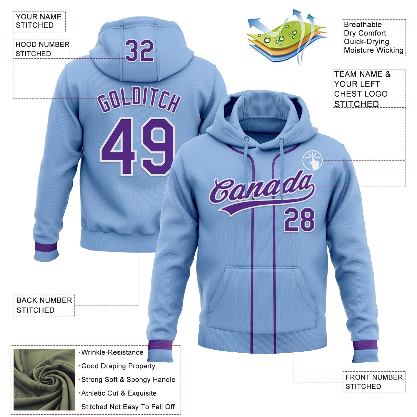 Custom Stitched Light Blue Purple-White Baseball Pullover Sweatshirt Hoodie view 2