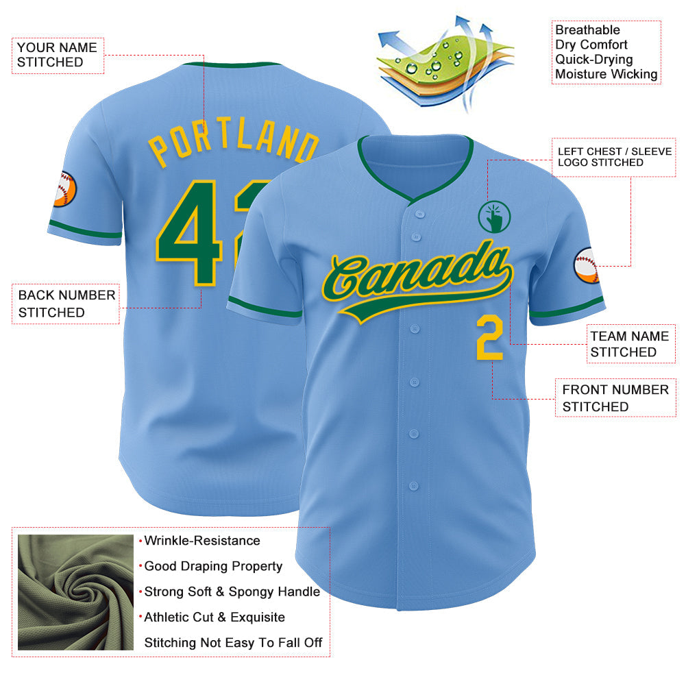 Custom Light Blue Kelly Green-Yellow Authentic Baseball Jersey view 3