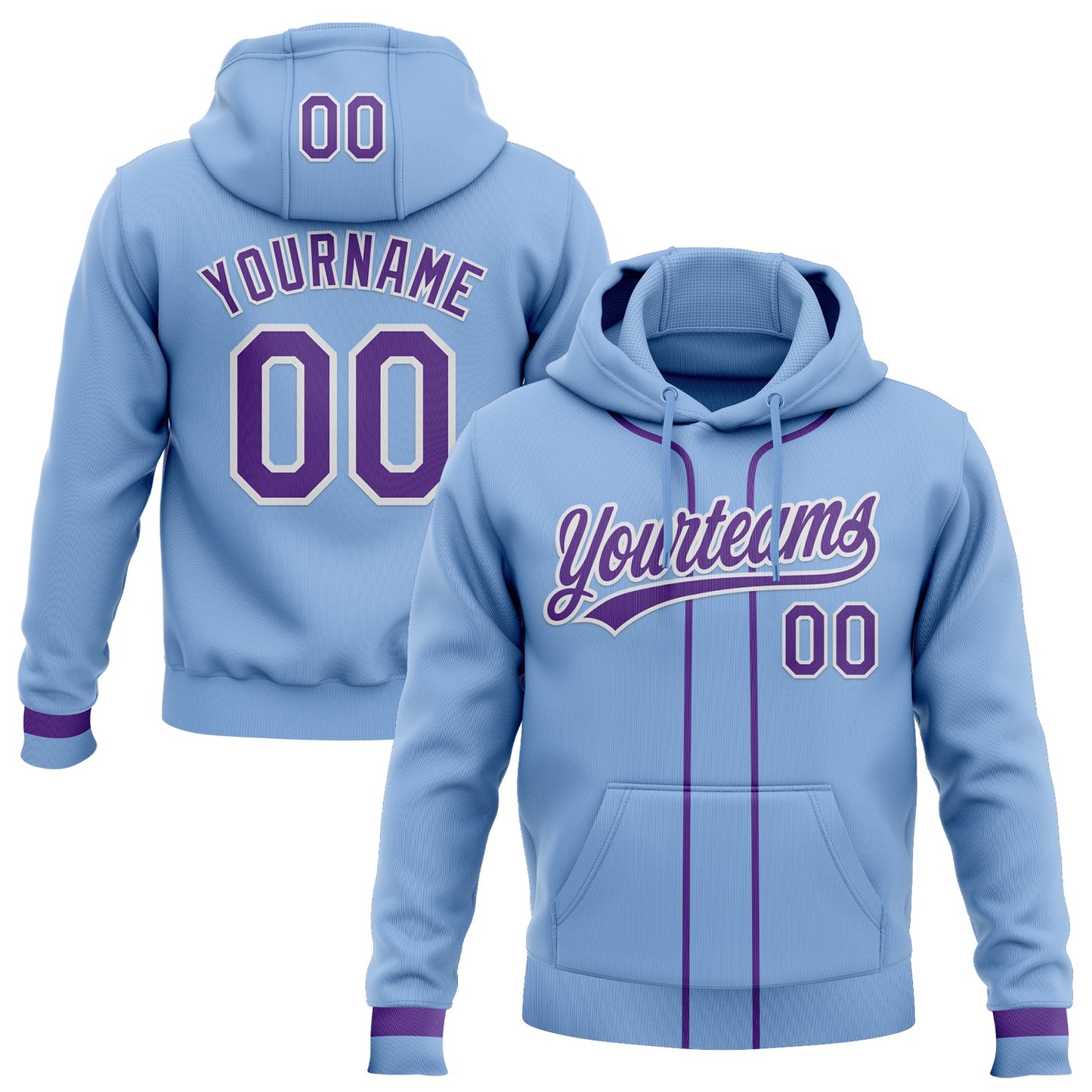 Custom Stitched Light Blue Purple-White Baseball Pullover Sweatshirt Hoodie - Main View