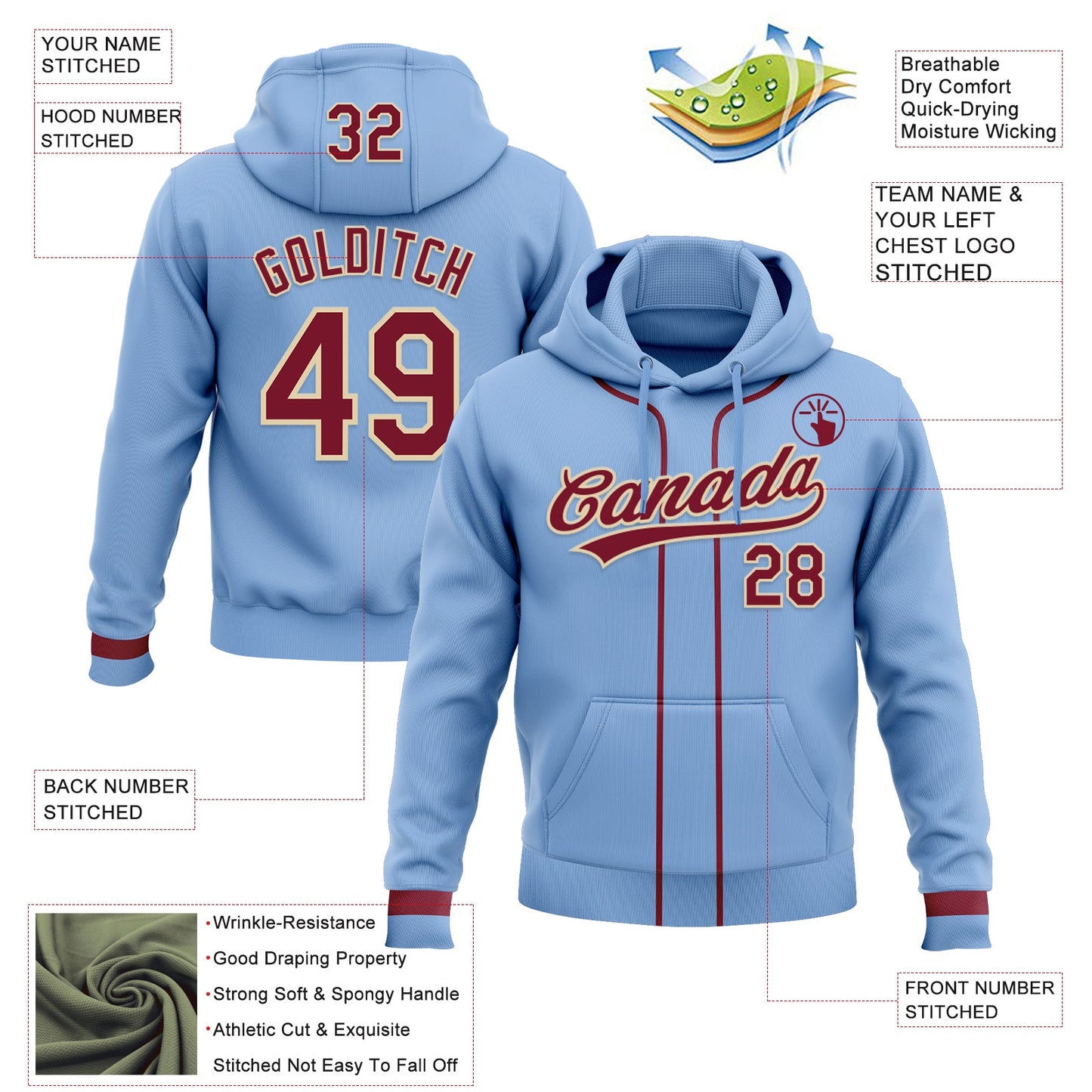 Custom Stitched Light Blue Crimson-Cream Baseball Pullover Sweatshirt Hoodie view 2