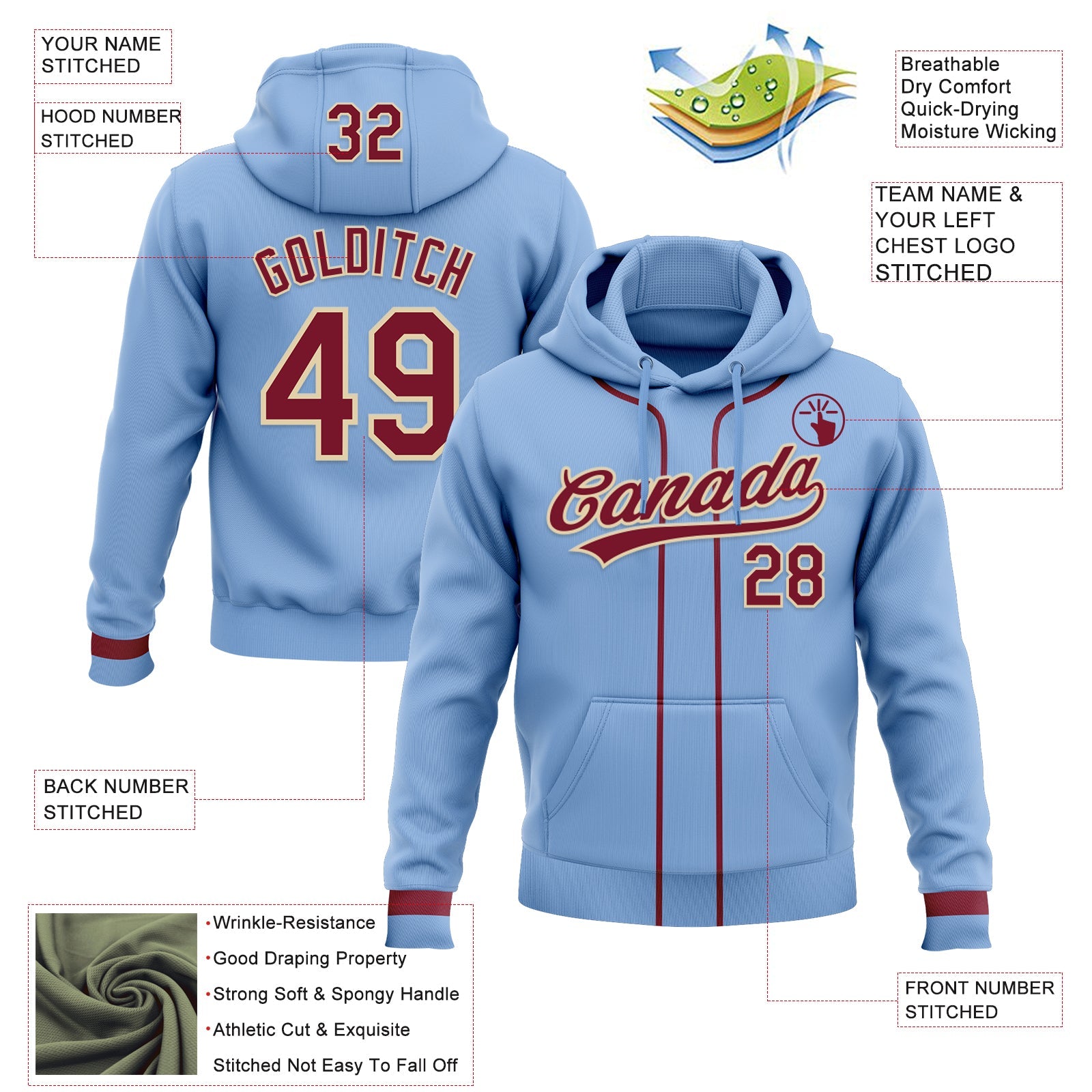 Custom Stitched Light Blue Crimson-Cream Baseball Pullover Sweatshirt Hoodie view 2