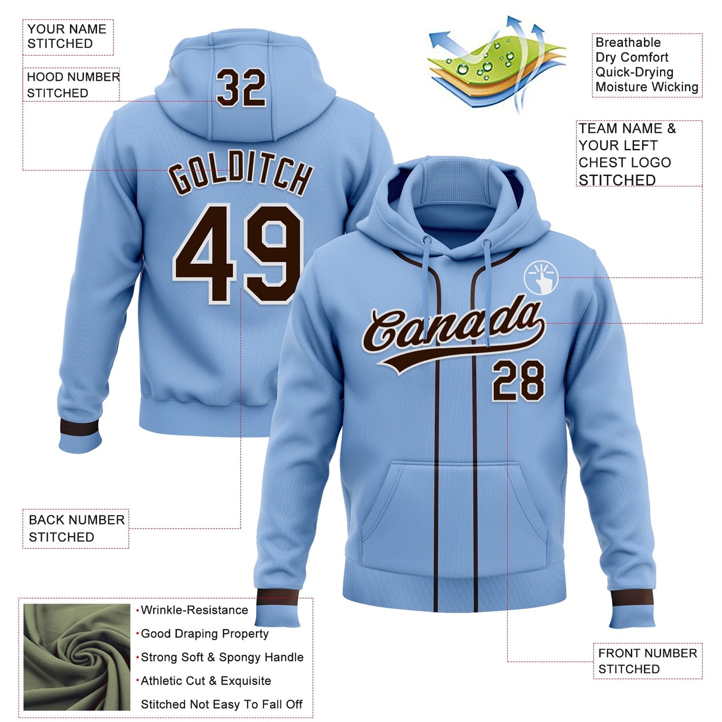 Custom Stitched Light Blue Brown-White Baseball Pullover Sweatshirt Hoodie view 2