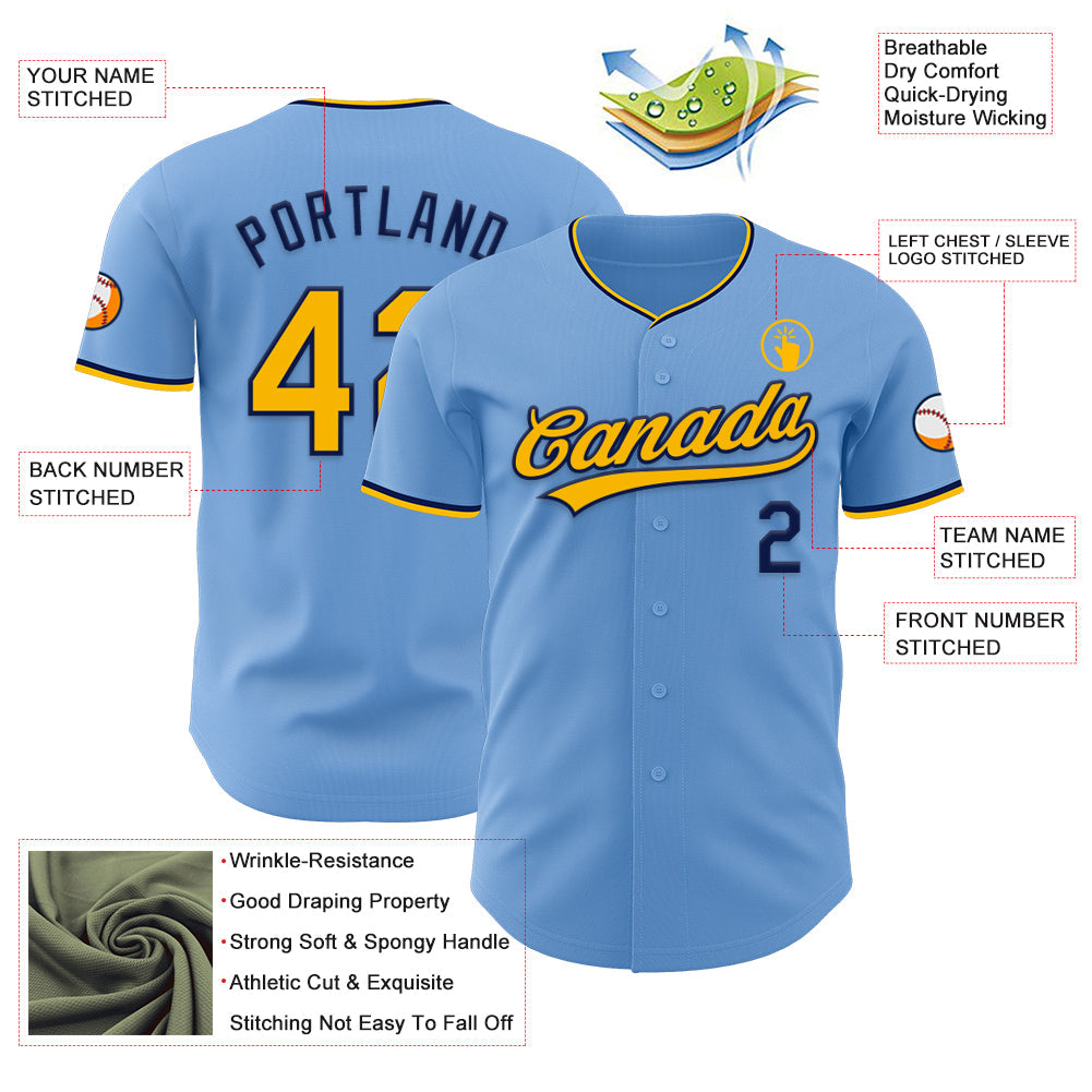 Custom Light Blue Gold-Navy Authentic Baseball Jersey view 3