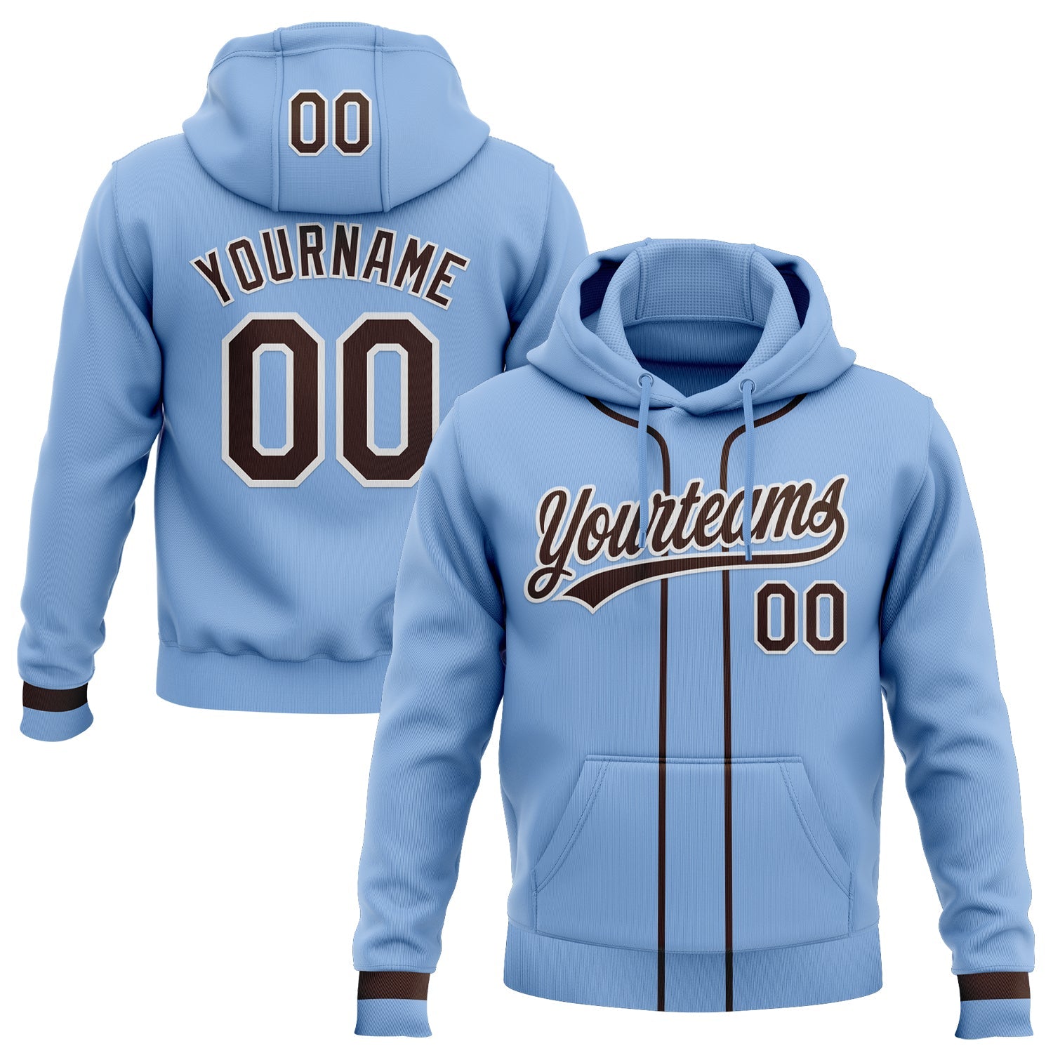 Custom Stitched Light Blue Brown-White Baseball Pullover Sweatshirt Hoodie - Main View