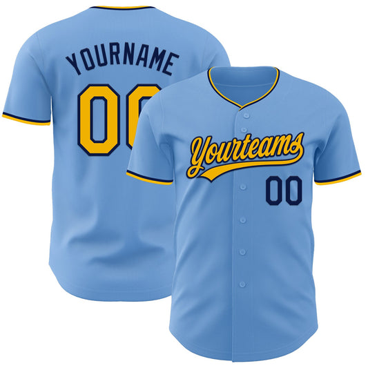 Custom Light Blue Gold-Navy Authentic Baseball Jersey - Main View