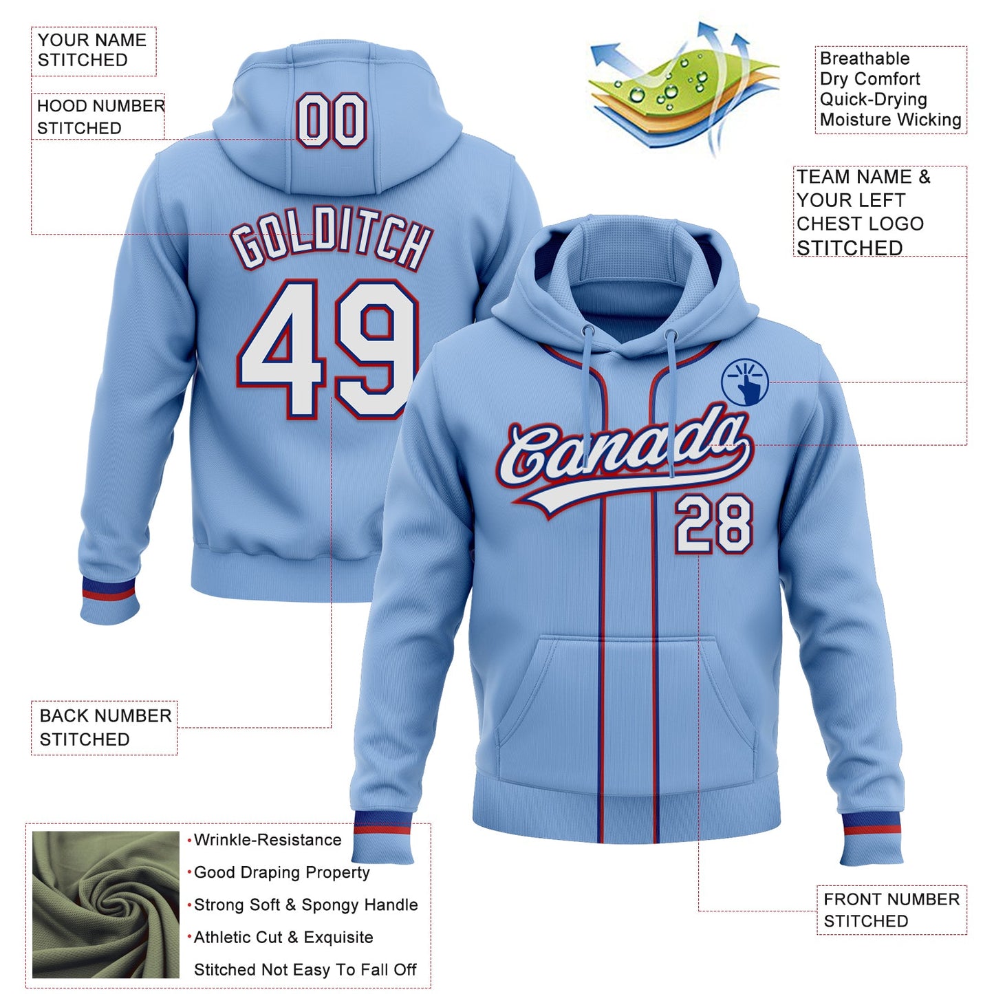 Custom Stitched Light Blue White Royal-Red Baseball Pullover Sweatshirt Hoodie view 2
