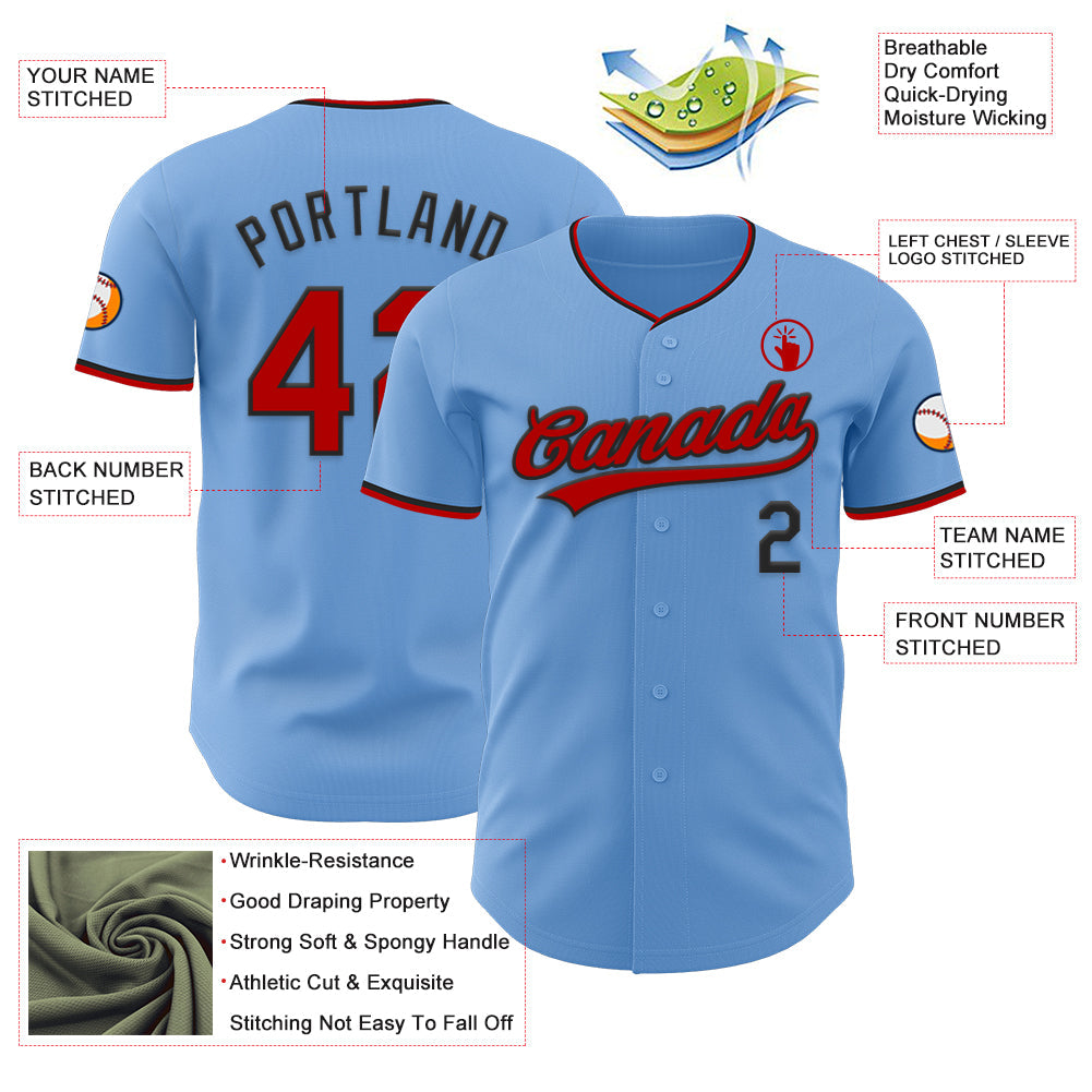 Custom Light Blue Red-Black Authentic Baseball Jersey view 3