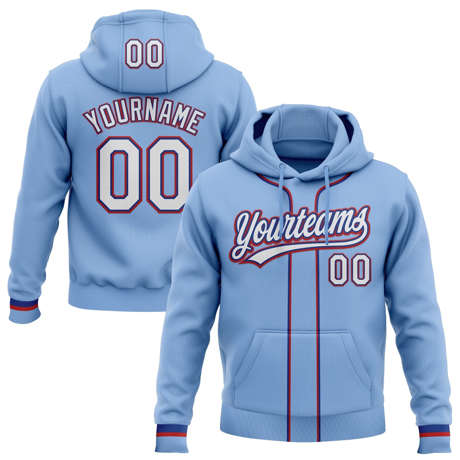 Custom Stitched Light Blue White Royal-Red Baseball Pullover Sweatshirt Hoodie - Main View