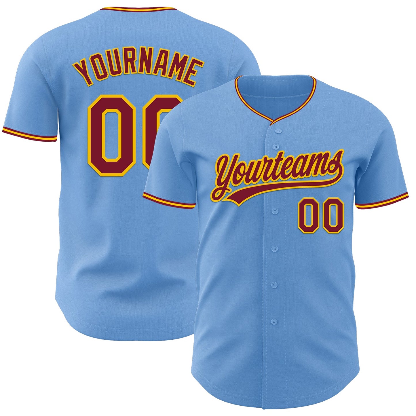 Custom Light Blue Crimson-Yellow Authentic Baseball Jersey - Main View