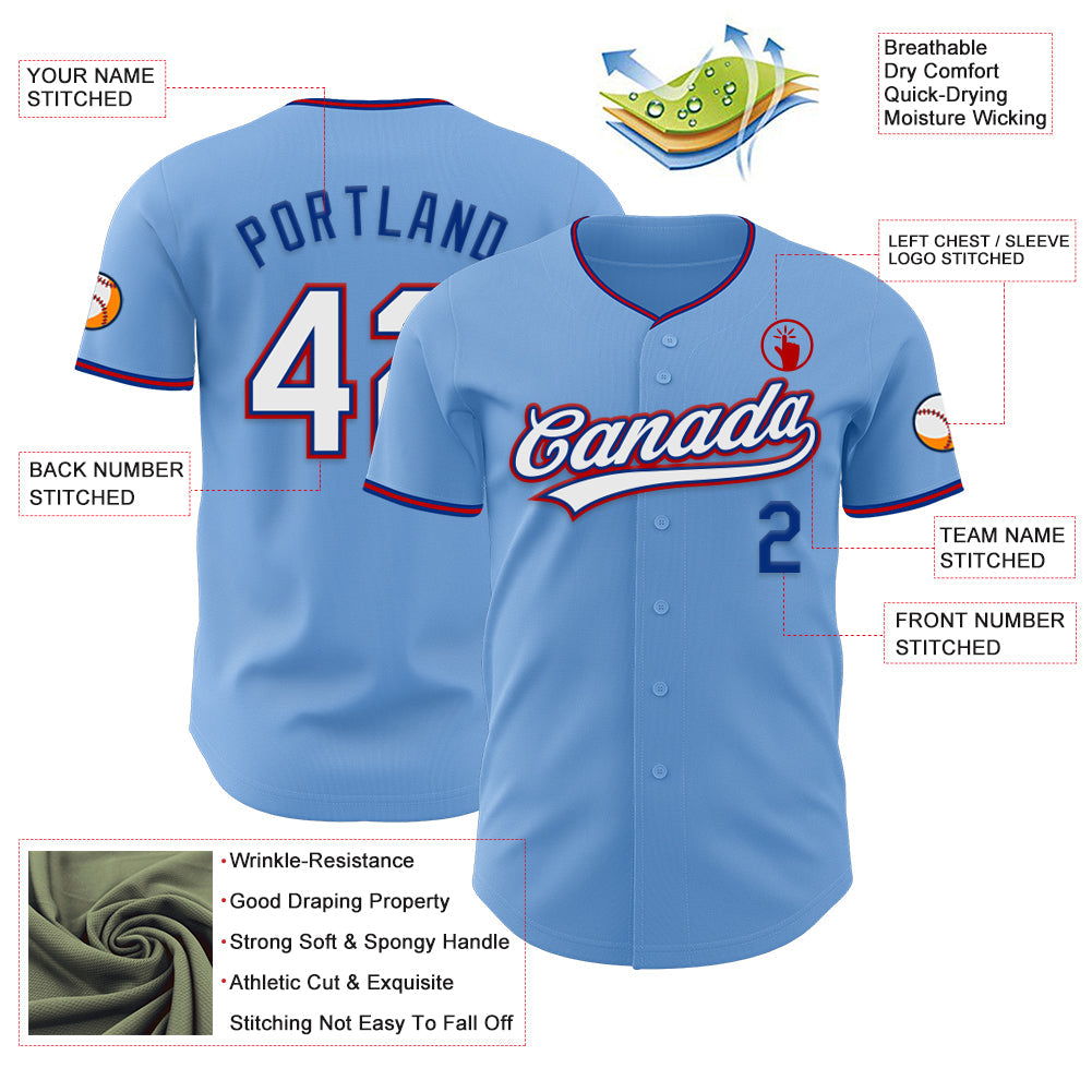 Custom Light Blue White Royal-Red Authentic Baseball Jersey view 3