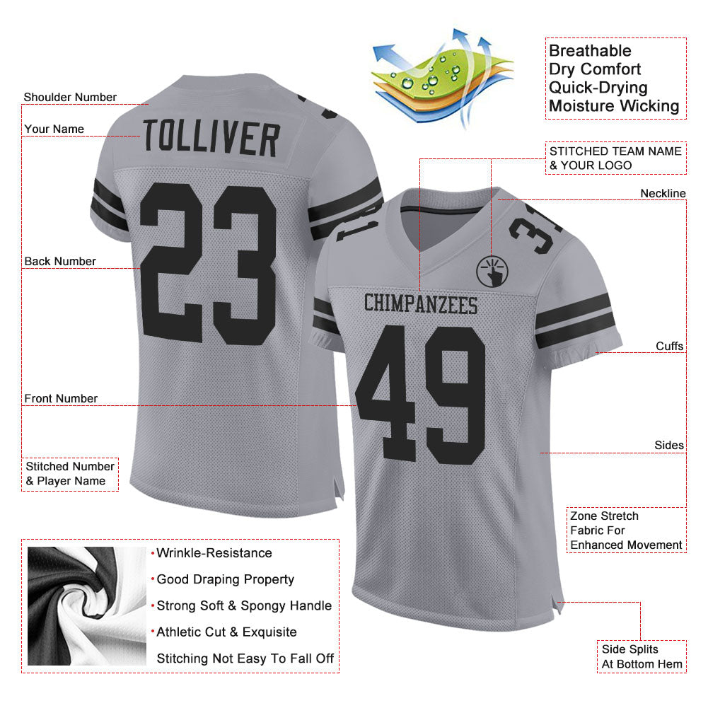 Custom Light Gray Black Mesh Authentic Football Jersey view 2