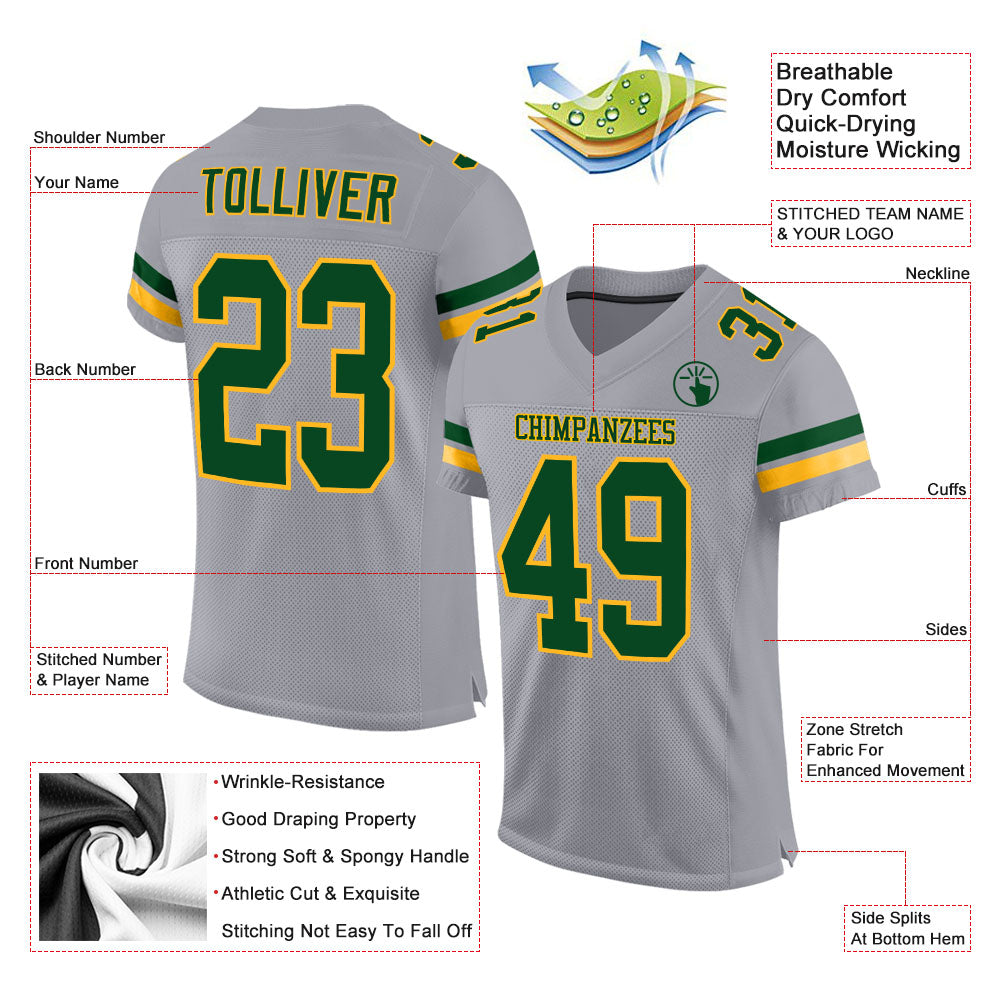 Custom Light Gray Green-Gold Mesh Authentic Football Jersey view 2