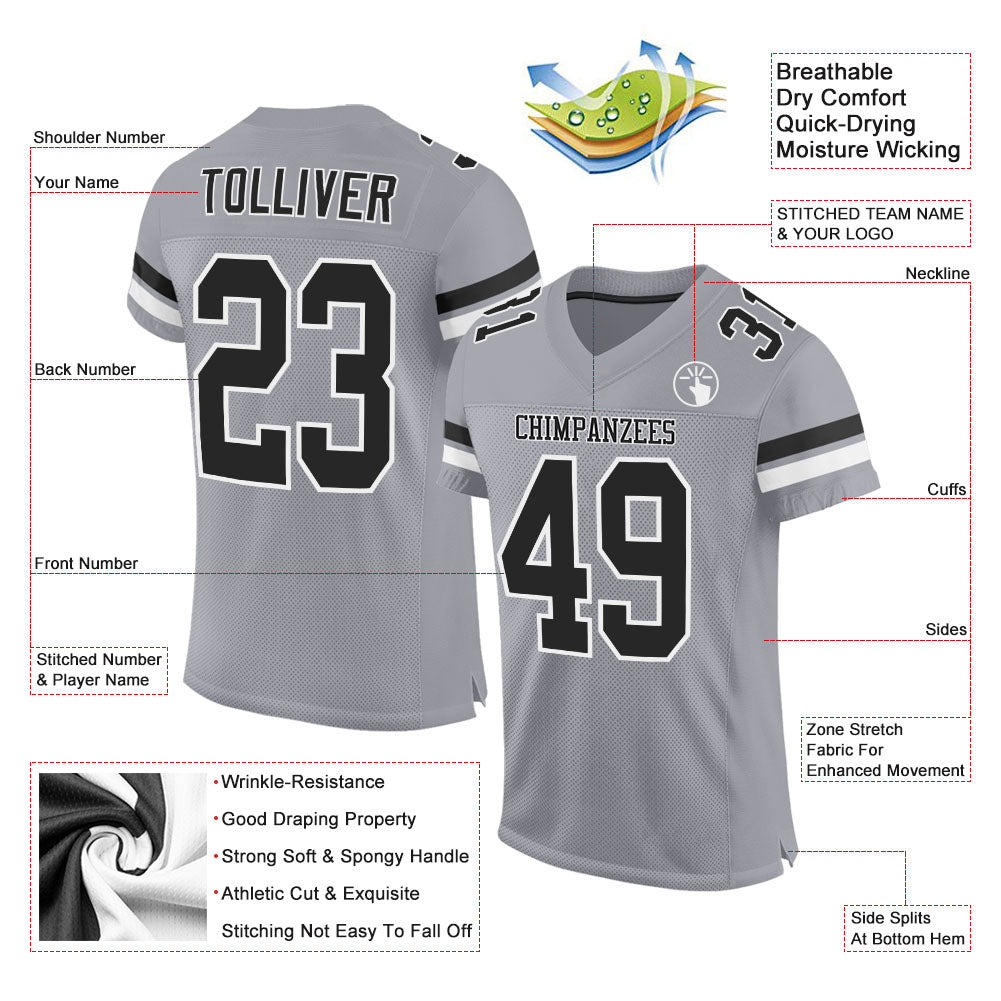 Custom Light Gray Black-White Mesh Authentic Football Jersey view 3