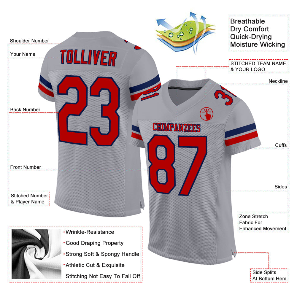 Custom Light Gray Red-Navy Mesh Authentic Football Jersey view 2