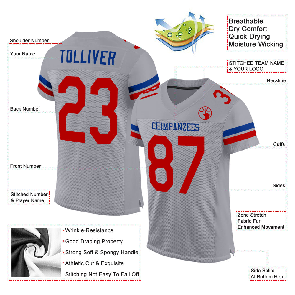 Custom Light Gray Red-Royal Mesh Authentic Football Jersey view 2